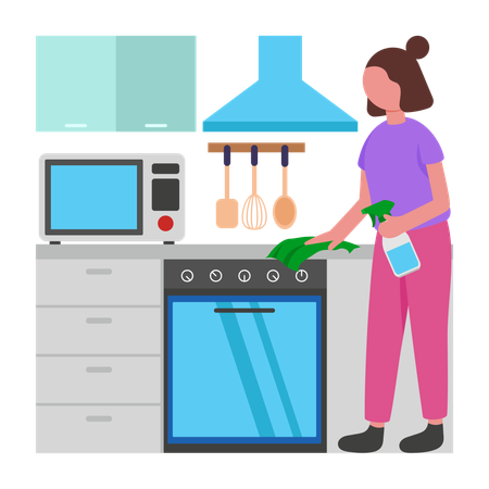 Fille nettoyant la cuisine  Illustration