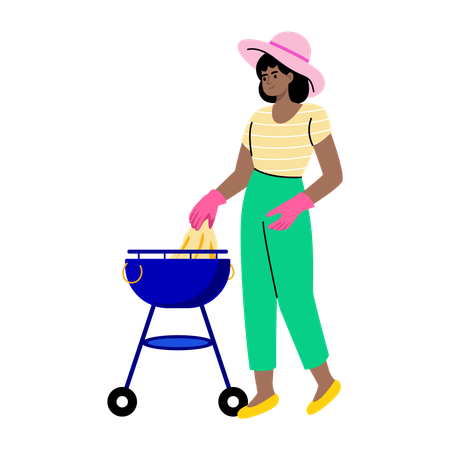 Fille nettoyant le barbecue extérieur  Illustration