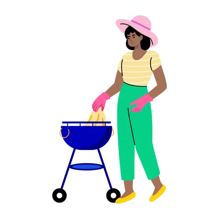 Fille nettoyant le barbecue extérieur  Illustration