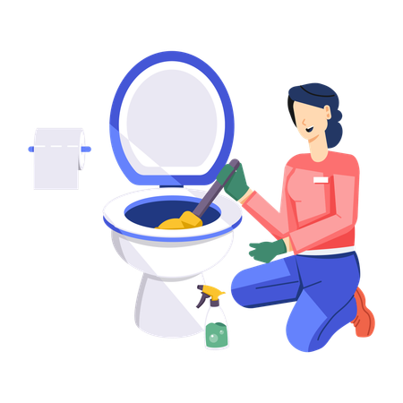 Fille nettoyant les toilettes avec un nettoyant pour toilettes  Illustration