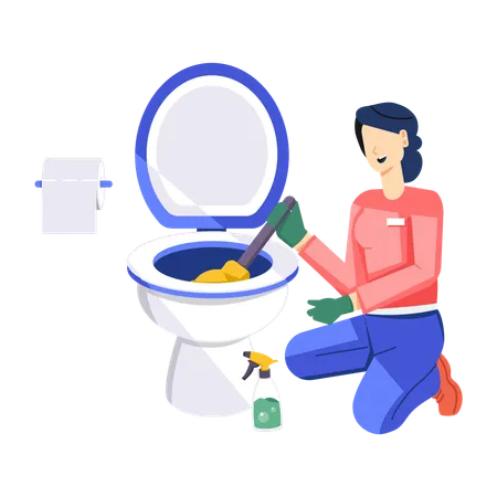 Fille nettoyant les toilettes avec un nettoyant pour toilettes  Illustration