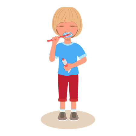 Fille se nettoyant les dents avec une brosse à dents et du dentifrice  Illustration