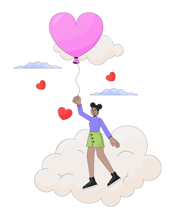 Fille noire volant avec un ballon au-dessus des nuages  Illustration