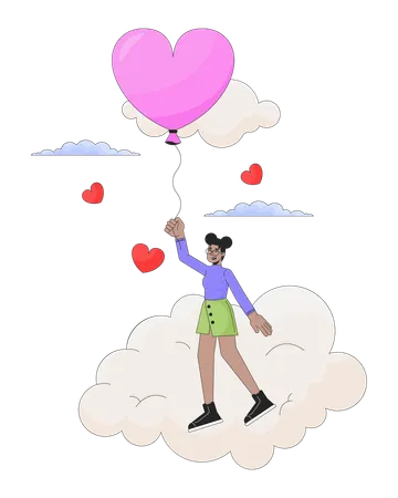 Fille noire volant avec un ballon au-dessus des nuages  Illustration