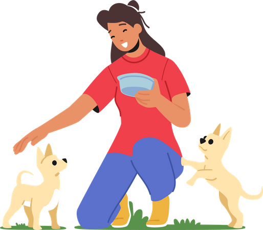 Fille nourrissant un chien dans un refuge pour animaux  Illustration