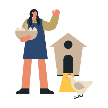 Fille nourrissant une poule à la ferme  Illustration