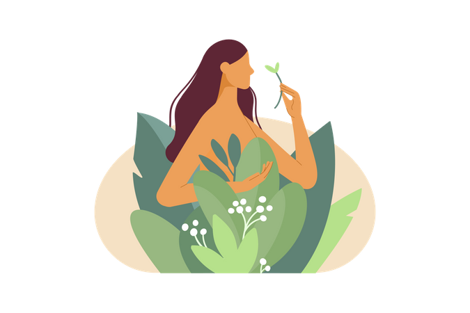 Fille nue dans les plantes de la nature  Illustration