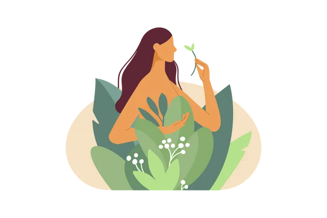 Fille nue dans les plantes de la nature  Illustration