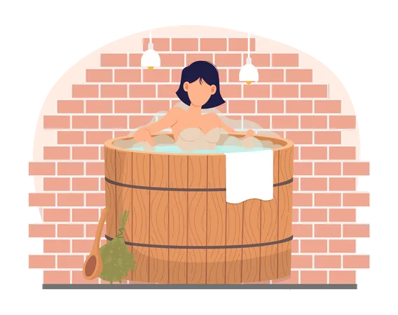 Une fille nue en tonneau se repose dans un sauna. Personnage féminin en vapeur chaude. Dame nettoie la peau au banya  Illustration