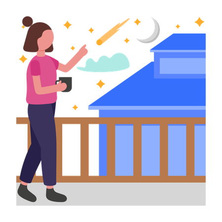 Fille observant les étoiles sur un balcon  Illustration