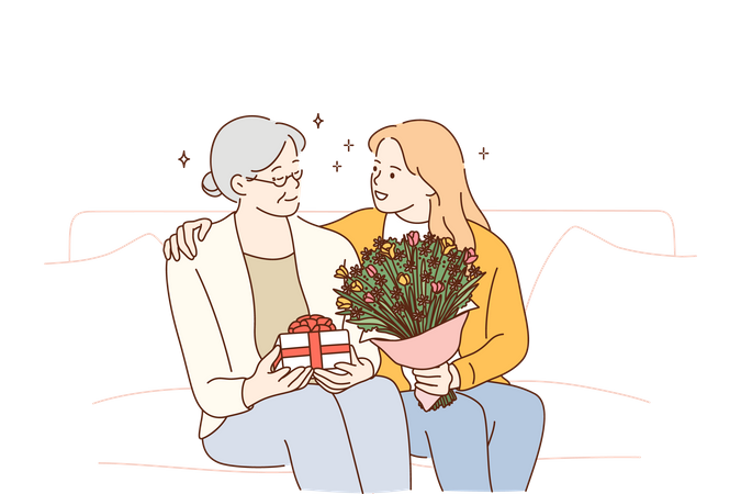 Fille donnant un cadeau et un bouquet de fleurs à la grand-mère  Illustration