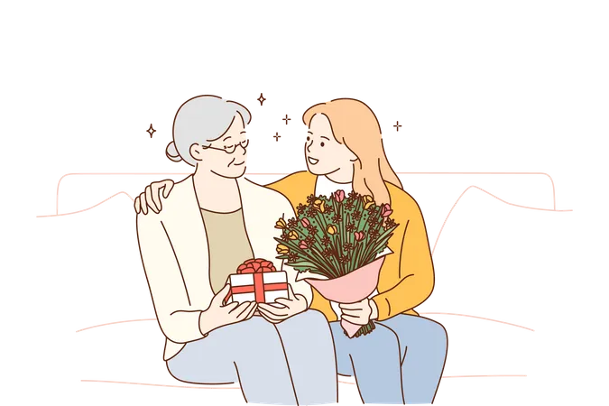 Fille donnant un cadeau et un bouquet de fleurs à la grand-mère  Illustration