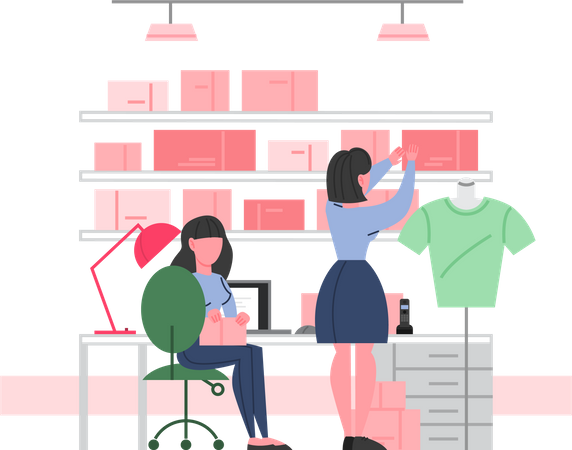 Fille organisant le stock dans un magasin de vêtements  Illustration