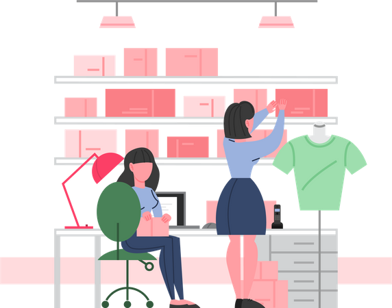 Fille organisant le stock dans un magasin de vêtements  Illustration