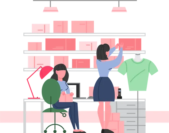 Fille organisant le stock dans un magasin de vêtements  Illustration