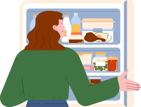 Fille Réfrigérateur et stockage des aliments organisés pour réduire les déchets  Illustration