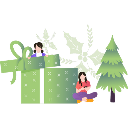 La fille ouvre les cadeaux de Noël  Illustration