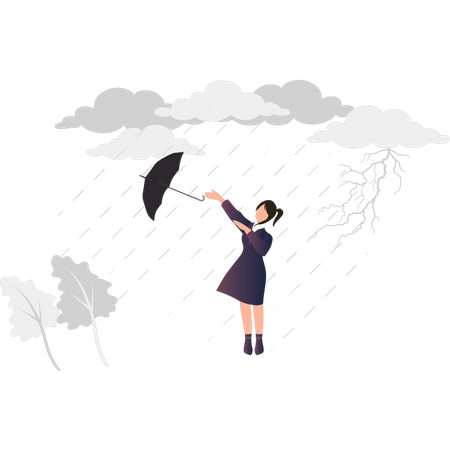 Le parapluie d'une fille s'est envolé à cause de la pluie  Illustration