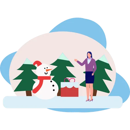 Fille parlant avec bonhomme de neige  Illustration