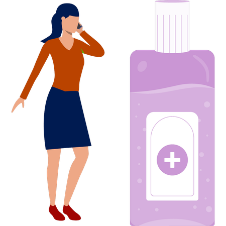 Fille parlant de spray antibactérien sur appel  Illustration