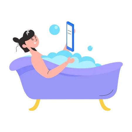 Fille parlant sur mobile pendant le bain  Illustration