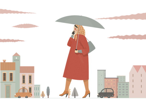 Fille parlant sur mobile tout en tenant un parapluie  Illustration