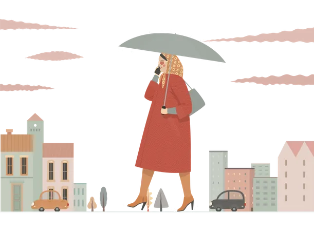 Fille parlant sur mobile tout en tenant un parapluie  Illustration