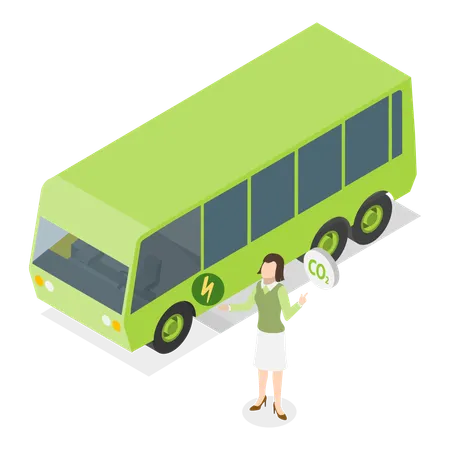 Fille parlant du bus électrique pour faire du développement durable  Illustration