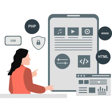 Fille parlant de page Web et selon la sécurité PHP HTML  Illustration