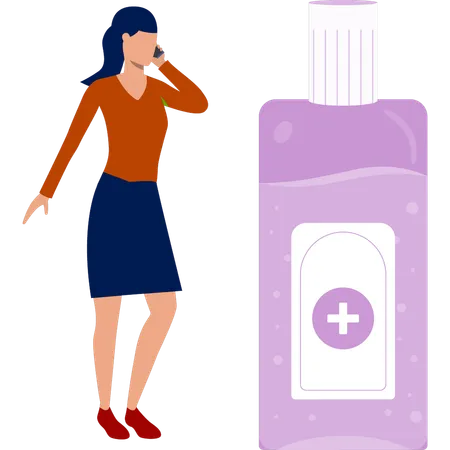 Fille parlant de spray antibactérien sur appel  Illustration