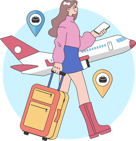 Fille partant en voyage d'affaires tout en tenant un sac de voyage  Illustration