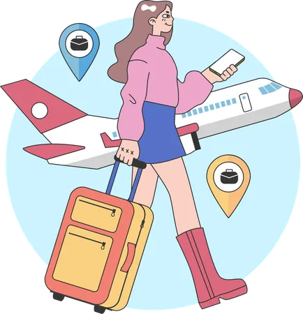 Fille partant en voyage d'affaires tout en tenant un sac de voyage  Illustration