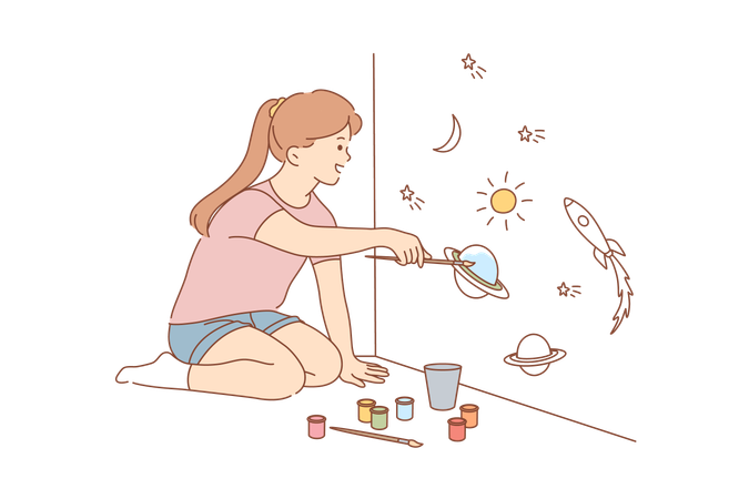 La fille peint des objets astronomiques  Illustration