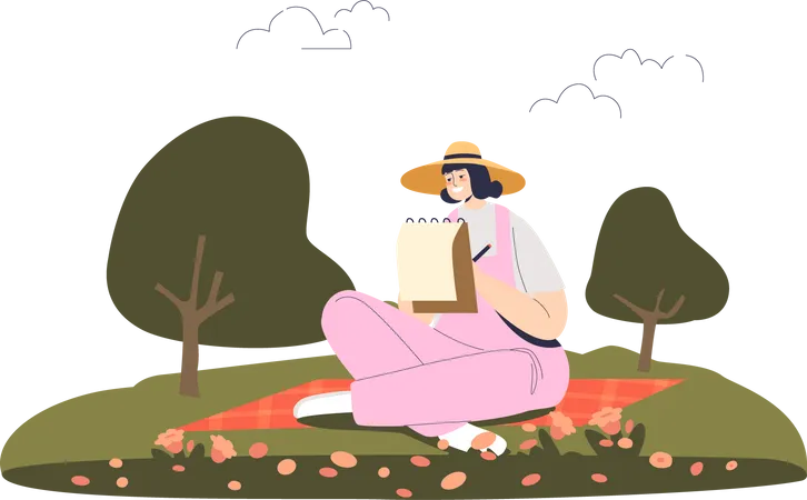 Fille peignant alors qu'elle était assise sur l'herbe dans le parc  Illustration
