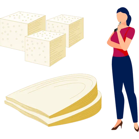 Fille pensant à la qualité du fromage  Illustration