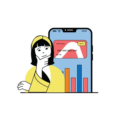 Fille pensant au graphique de l'économie  Illustration