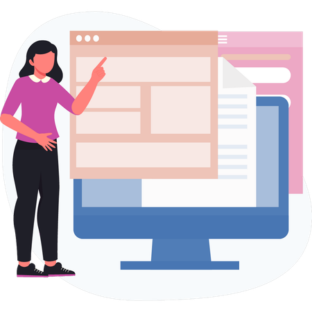 Fille pointant un document de page Web  Illustration