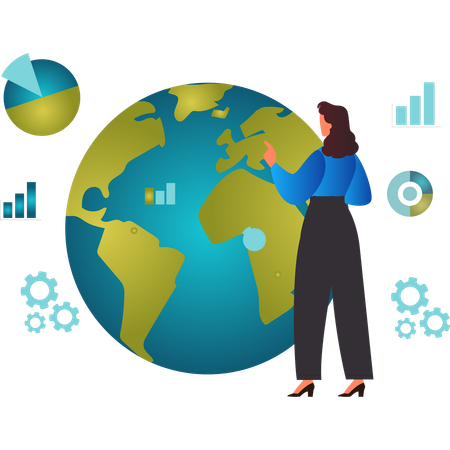 Fille pointant vers le diagramme circulaire du monde  Illustration