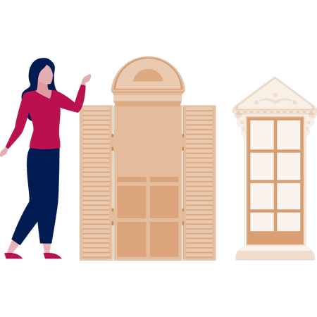 Fille pointant vers l'extérieur de la porte du bâtiment  Illustration