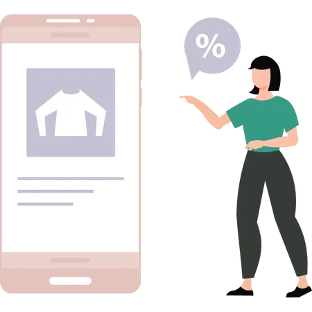 Fille pointant vers une réduction en ligne sur mobile  Illustration