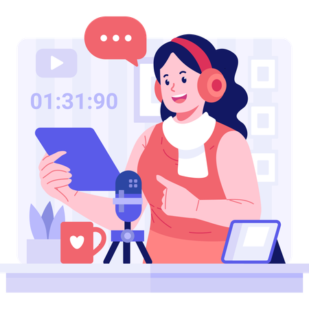 Fille portant un casque et enregistrant un podcast  Illustration