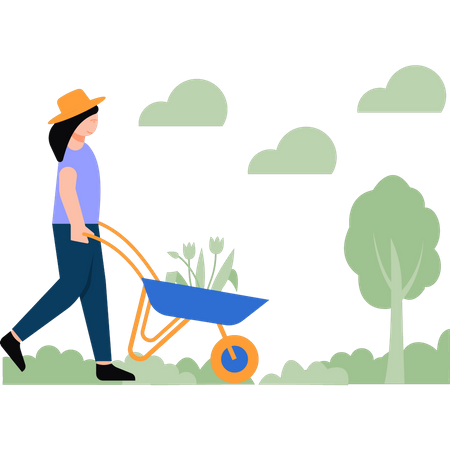 Fille transportant un chariot de plantes  Illustration