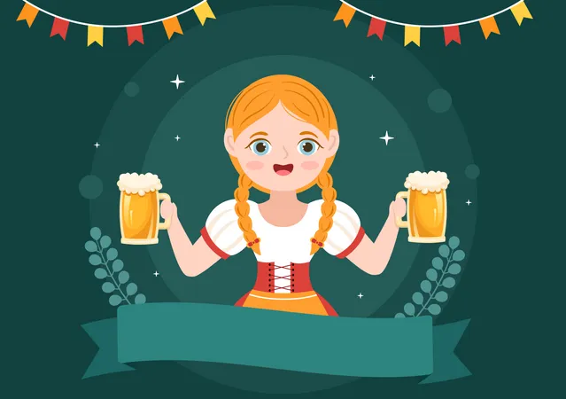 Fille portant un costume bavarois tenant un verre de bière  Illustration