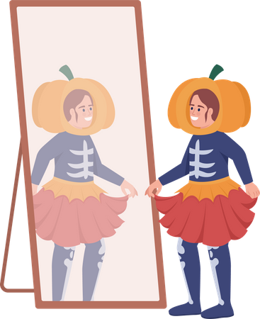 Fille portant un costume d'Halloween se regarde dans le miroir  Illustration