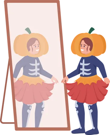 Fille portant un costume d'Halloween se regarde dans le miroir  Illustration