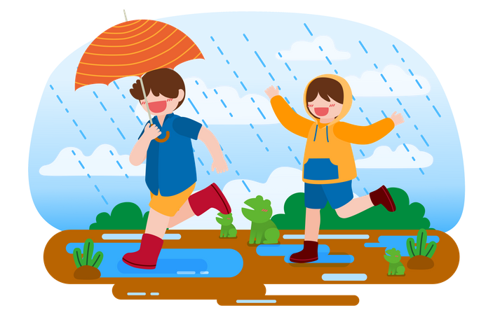 Fille portant un imperméable et garçon tenant un parapluie profitant de la pluie  Illustration