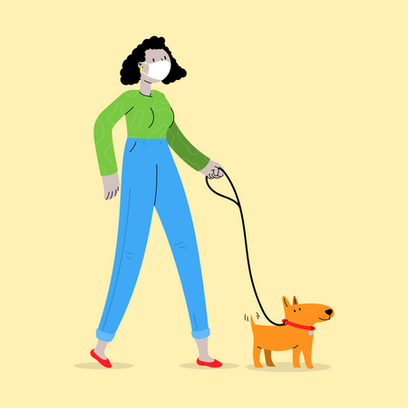 Fille portant un masque et marchant avec un chien  Illustration