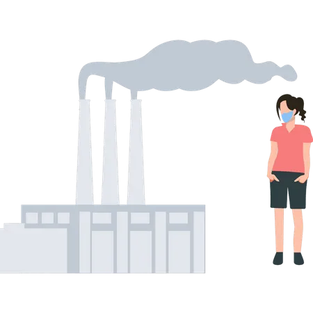 Une fille portant un masque regarde la pollution causée par la fumée de l'usine  Illustration