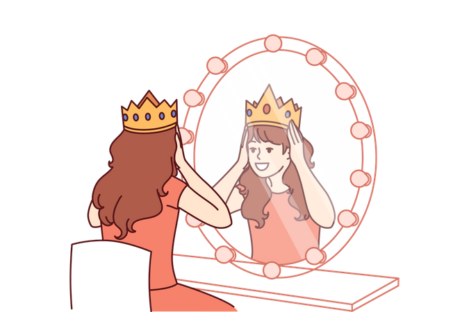 Fille portant une couronne et regardant dans un miroir  Illustration