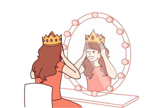 Fille portant une couronne et regardant dans un miroir  Illustration